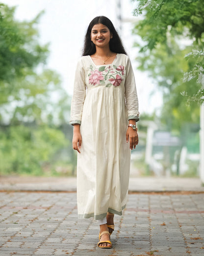 Lotus Embroidered A-Line Kurti with Striped Green Border