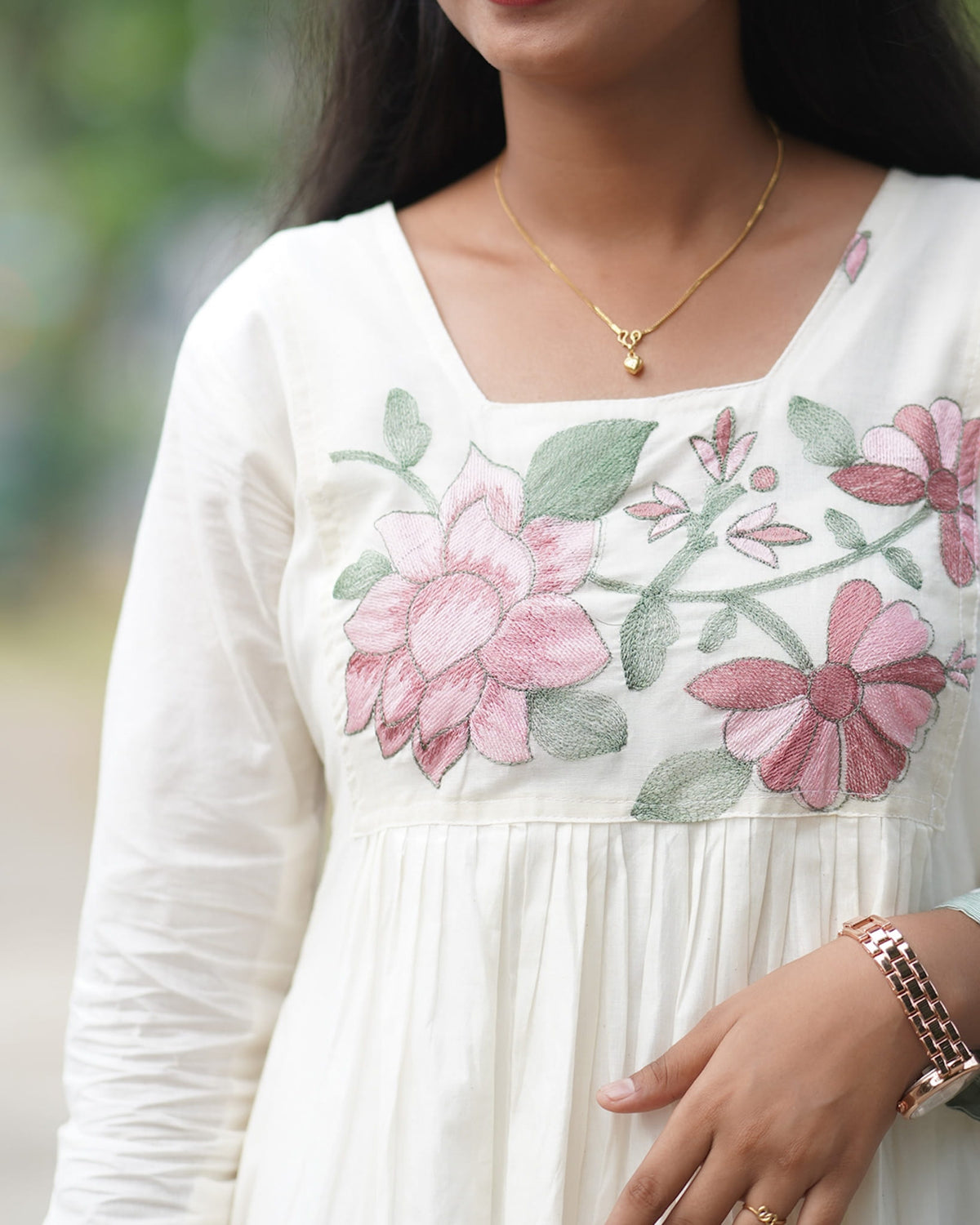 Lotus Embroidered A-Line Kurti with Striped Green Border