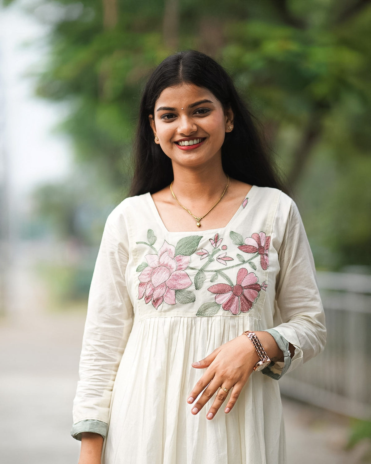Lotus Embroidered A-Line Kurti with Striped Green Border