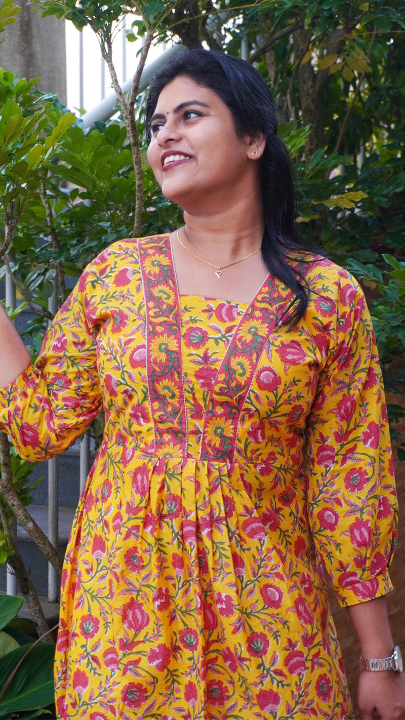 Sunflower Yellow Kurta with Pink Floral Pattern