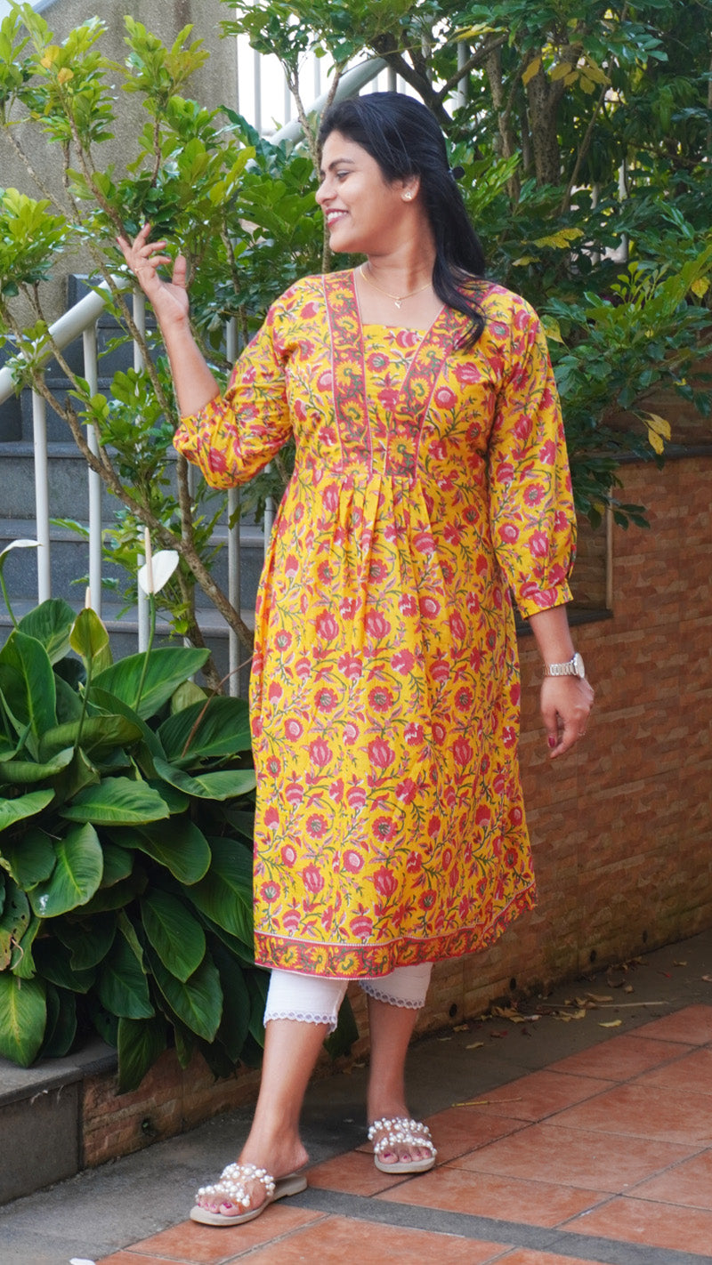 Sunflower Yellow Kurta with Pink Floral Pattern