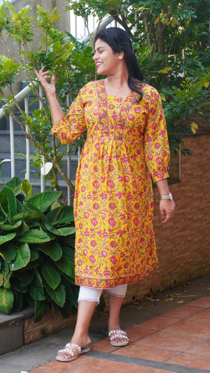 Sunflower Yellow Kurta with Pink Floral Pattern