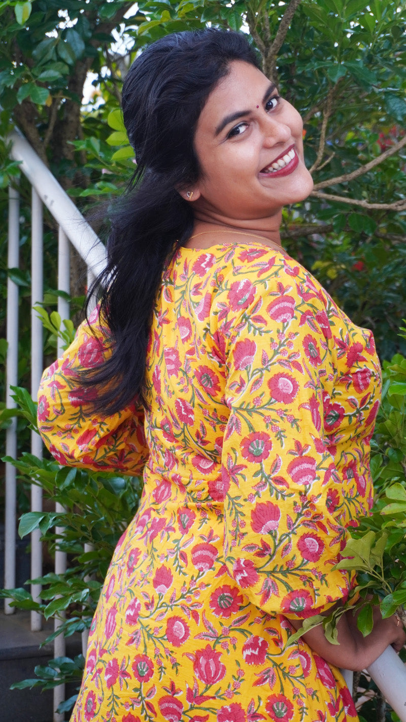 Sunflower Yellow Kurta with Pink Floral Pattern
