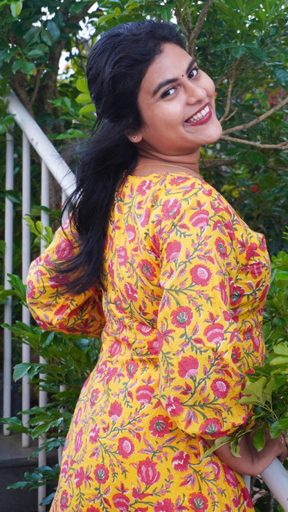 Sunflower Yellow Kurta with Pink Floral Pattern