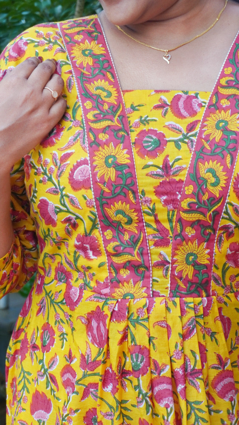 Sunflower Yellow Kurta with Pink Floral Pattern