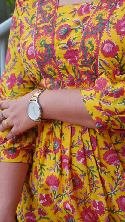 Sunflower Yellow Kurta with Pink Floral Pattern