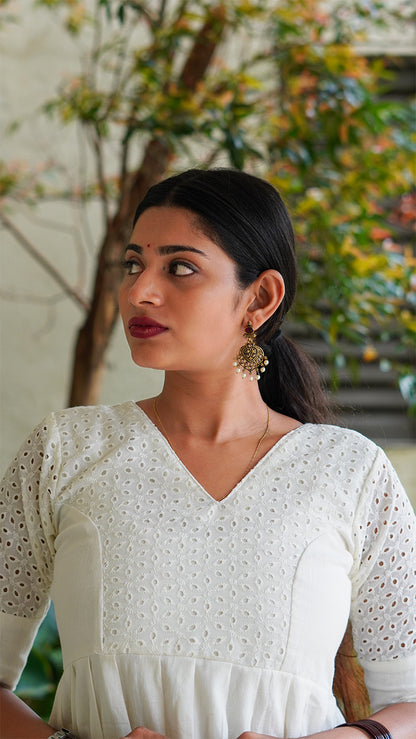 White Cotton Kurti -Dress with Hakoba Detail
