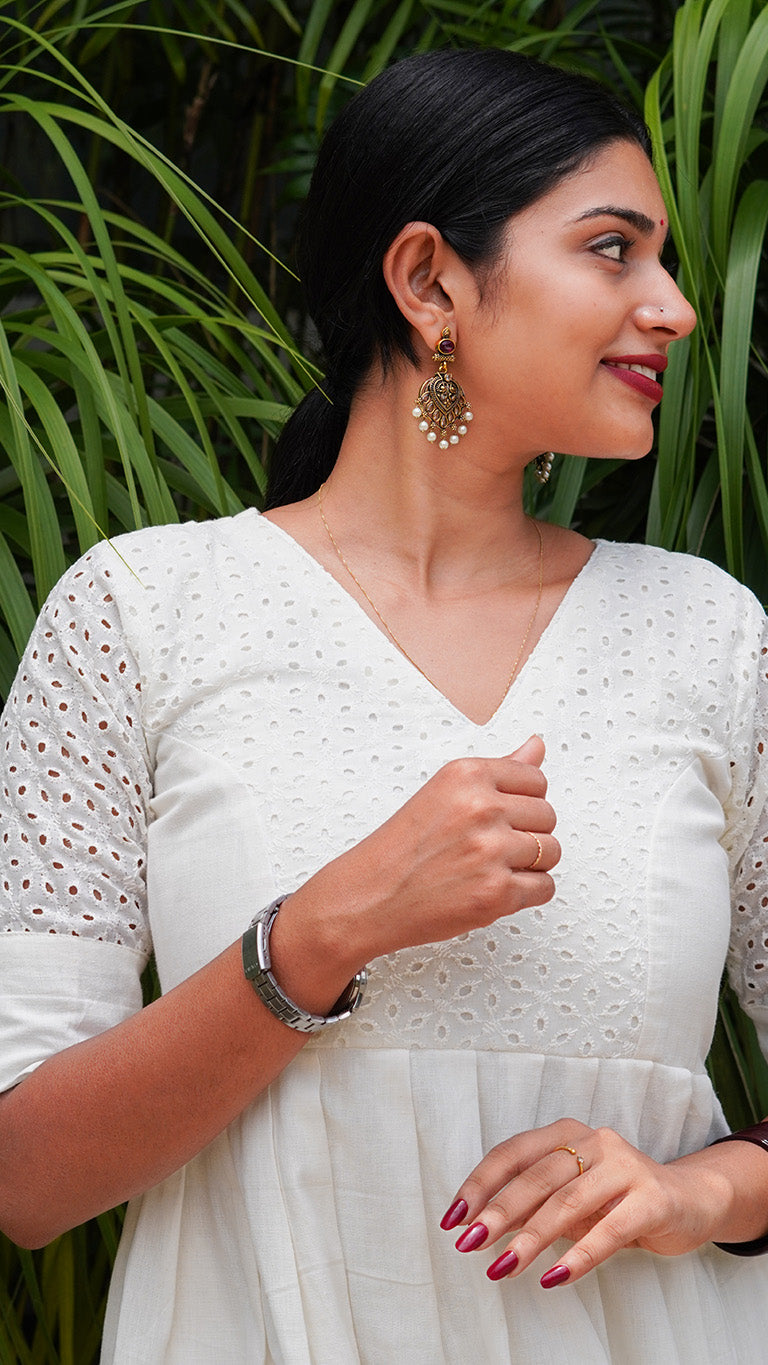 White Cotton Kurti -Dress with Hakoba Detail