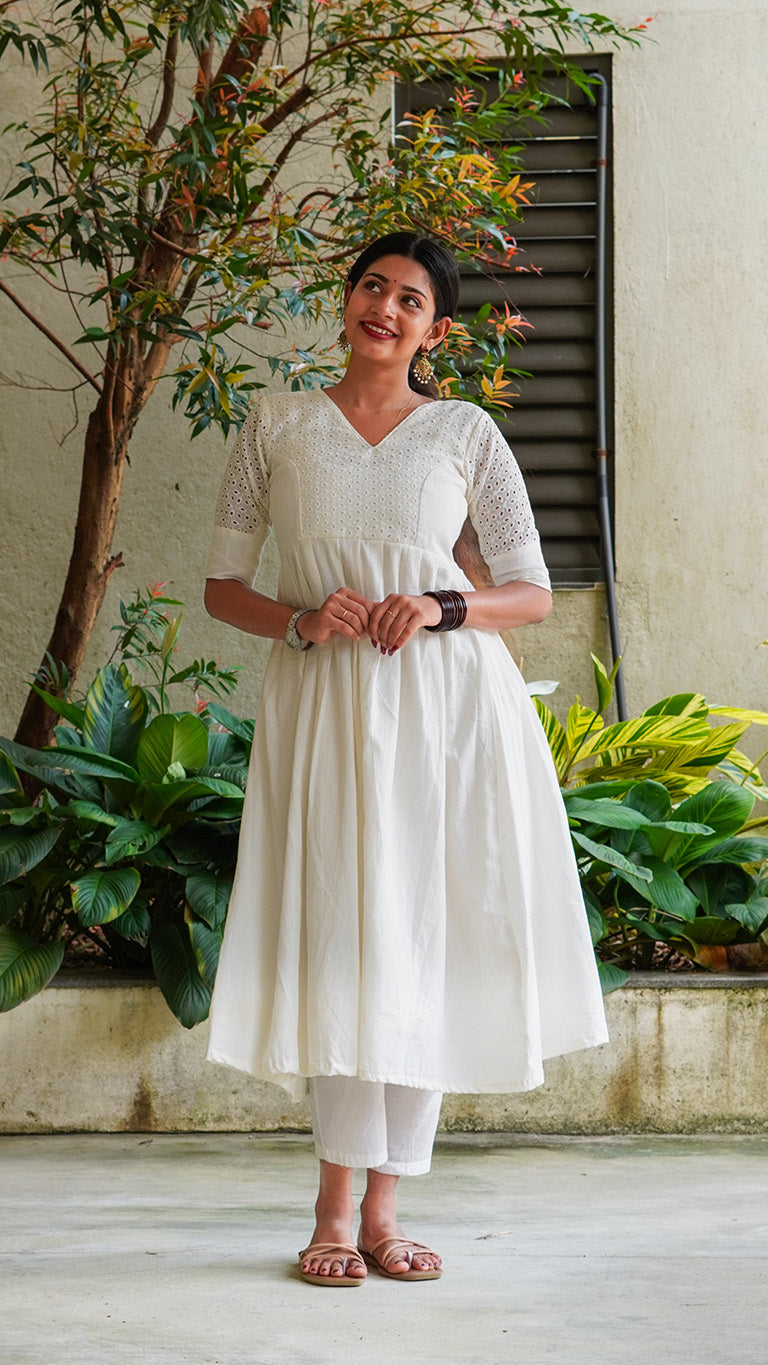 White Cotton Kurti -Dress with Hakoba Detail