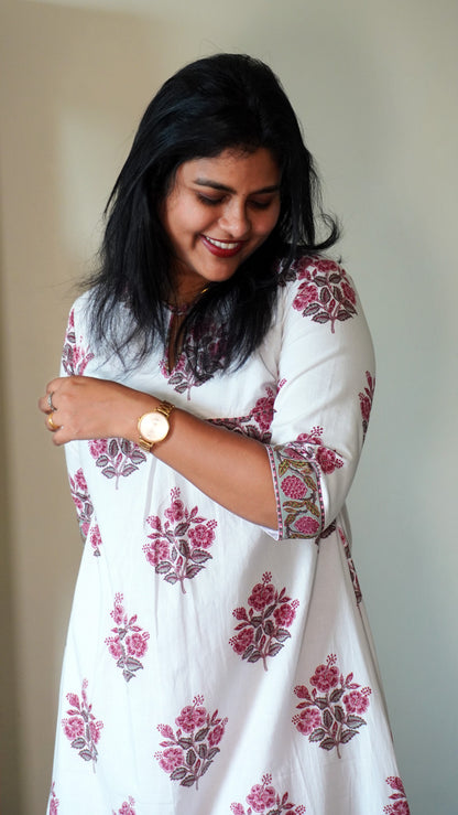 White Mughal Printed Kurti with Pink Flower Patterns
