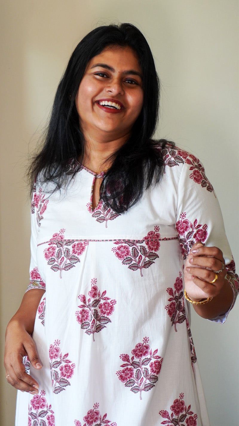 White Mughal Printed Kurti with Pink Flower Patterns