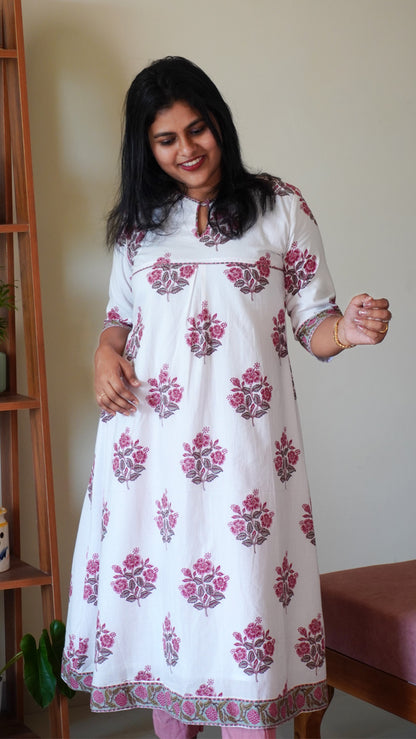 White Mughal Printed Kurti with Pink Flower Patterns
