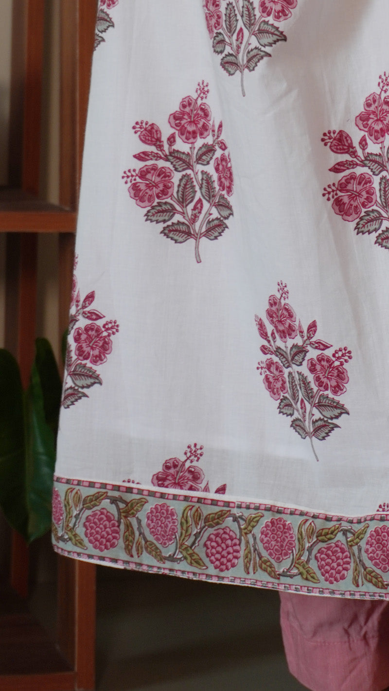 White Mughal Printed Kurti with Pink Flower Patterns