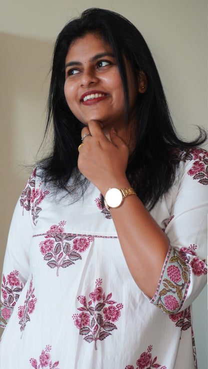White Mughal Printed Kurti with Pink Flower Patterns