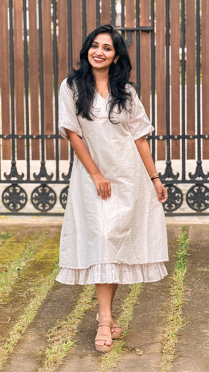 White Tissue Checks A-Line Dress with Frill