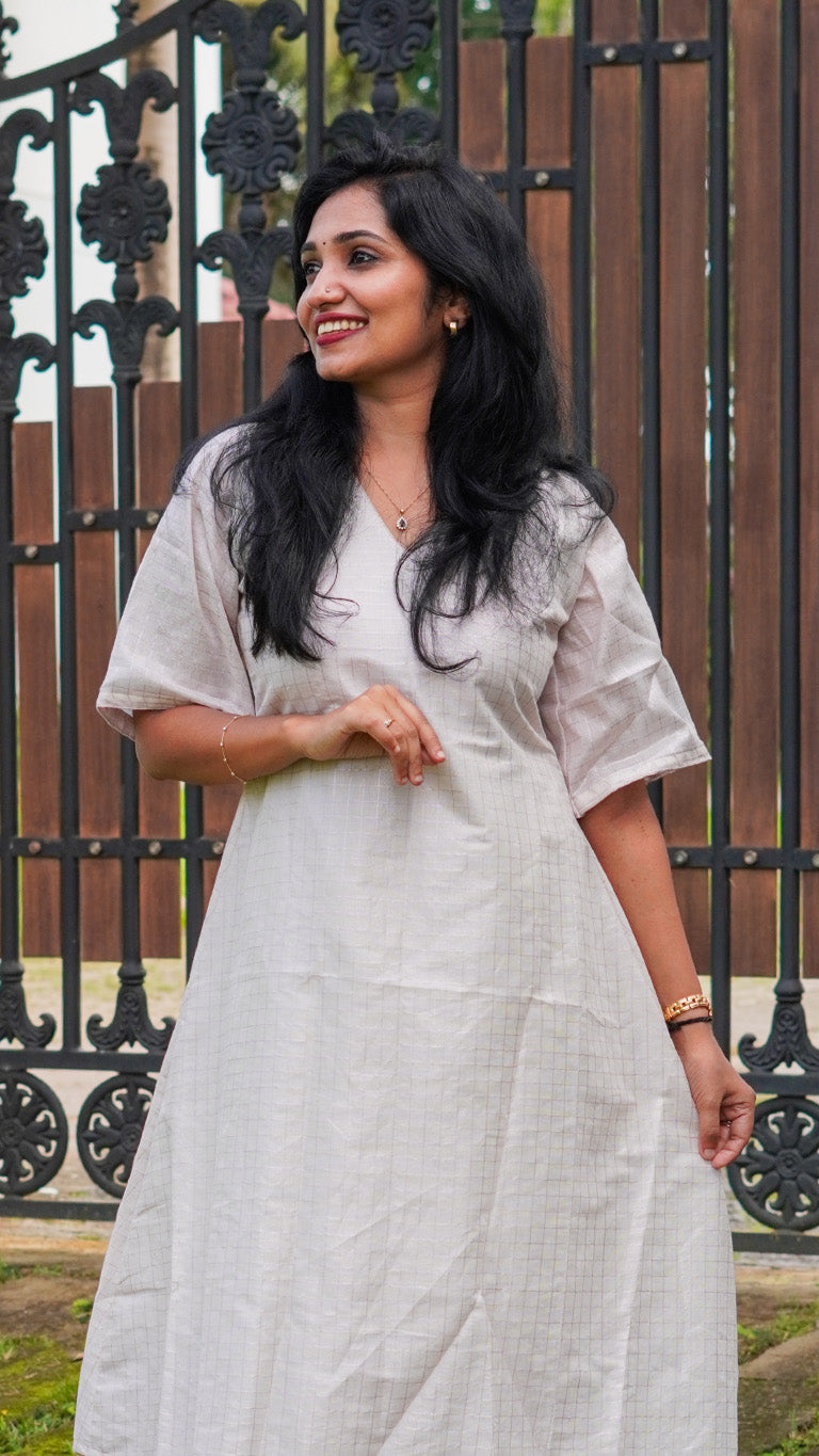 White Tissue Checks A-Line Dress with Frill