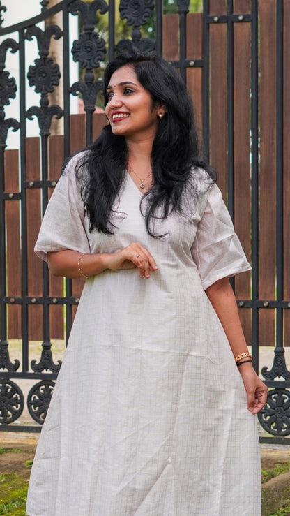 White Tissue Checks A-Line Dress with Frill