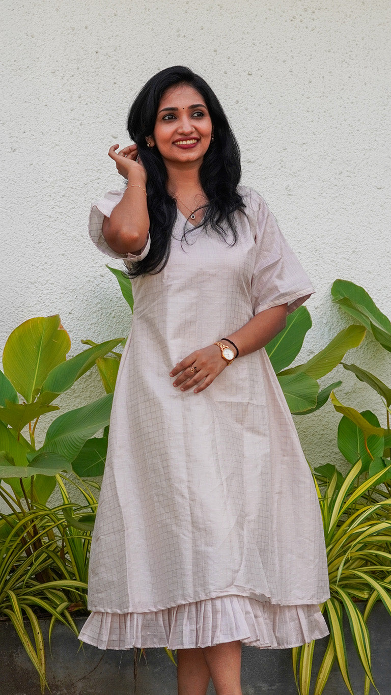 White Tissue Checks A-Line Dress with Frill