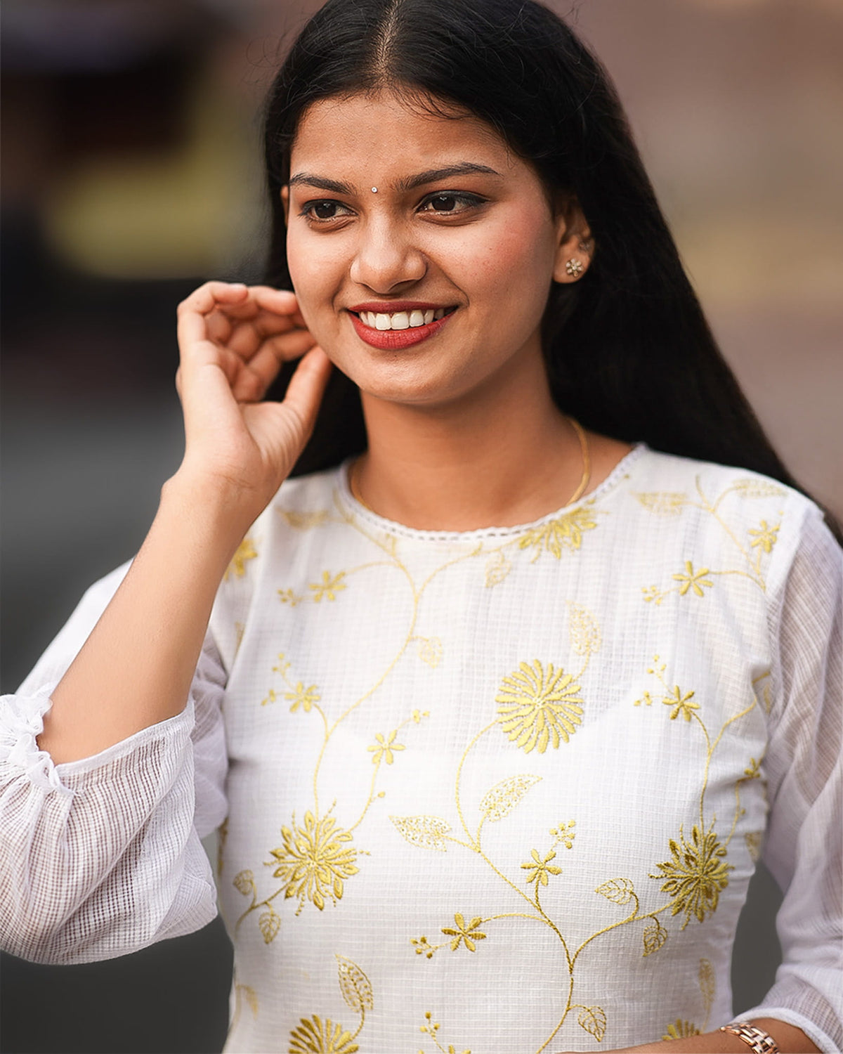 White and Yellow Embroidered Dress or Kurti