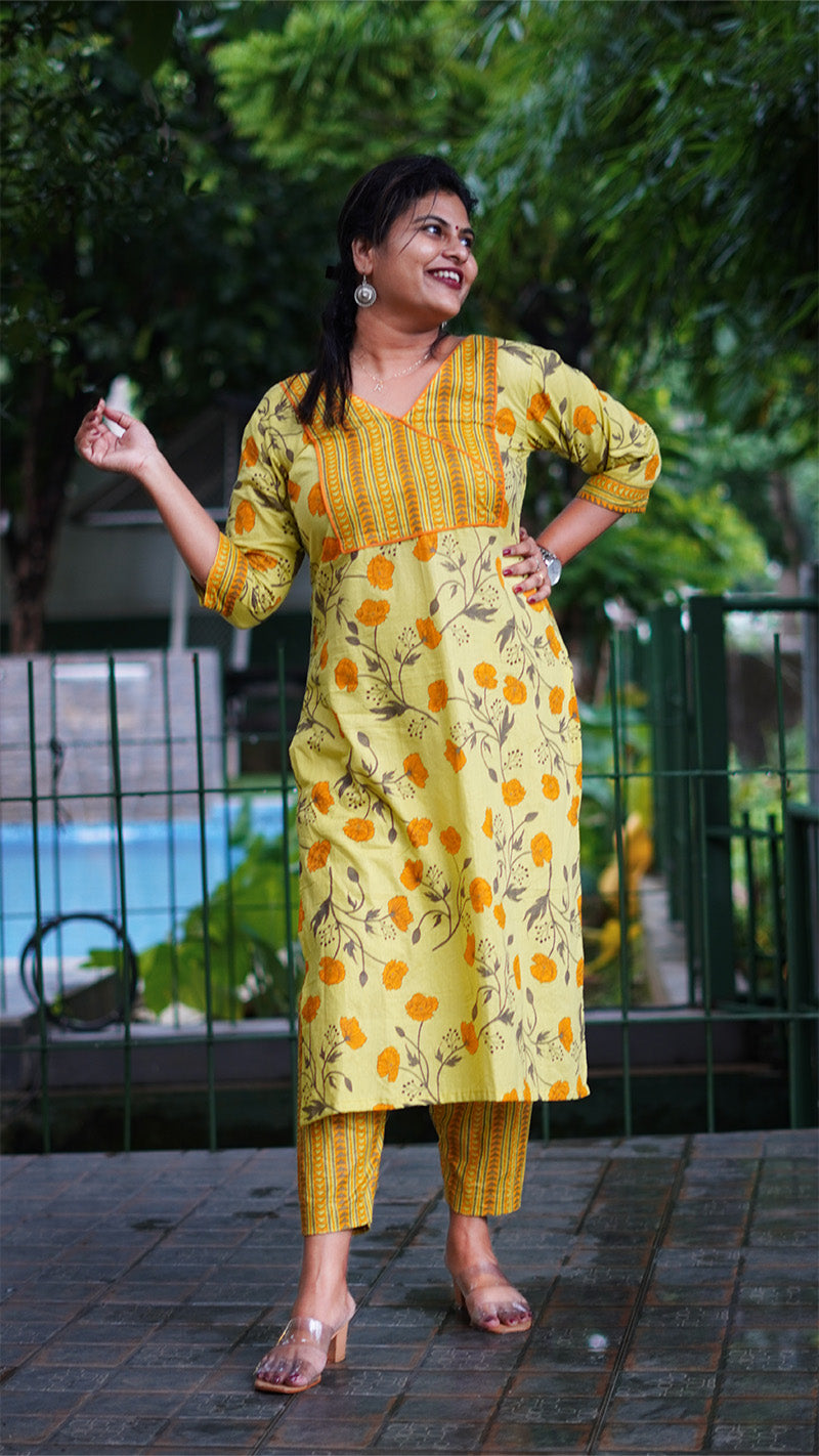 Bloom Yellow Floral Kurta Set with Striped Bottoms