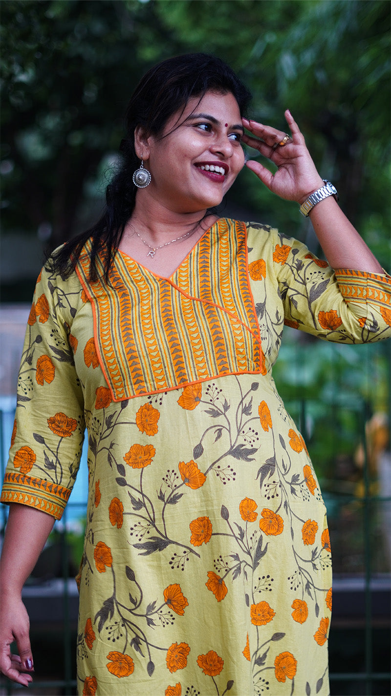 Bloom Yellow Floral Kurta Set with Striped Bottoms