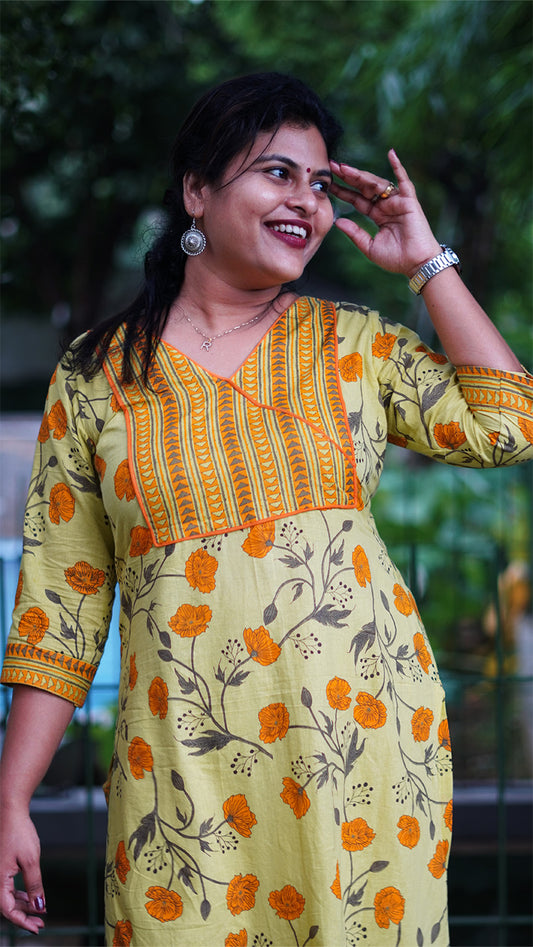 Bloom Yellow Floral Kurta Set with Striped Bottoms