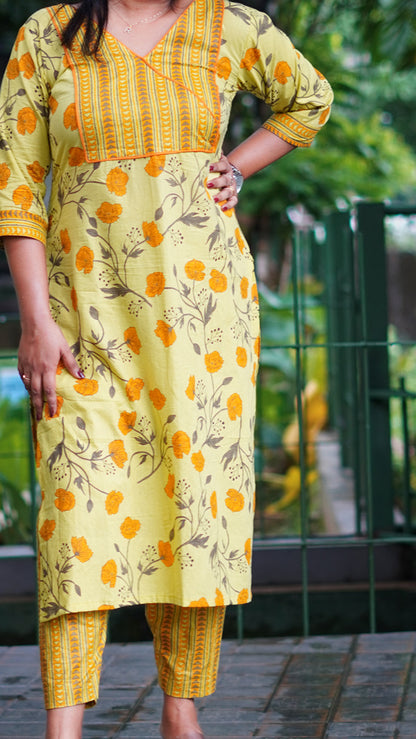 Bloom Yellow Floral Kurta Set with Striped Bottoms