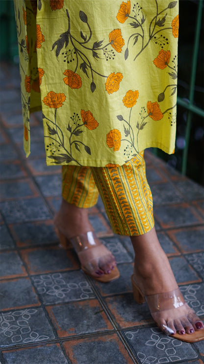 Bloom Yellow Floral Kurta Set with Striped Bottoms