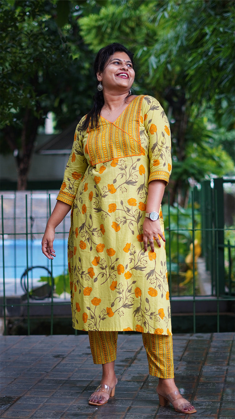 Bloom Yellow Floral Kurta Set with Striped Bottoms