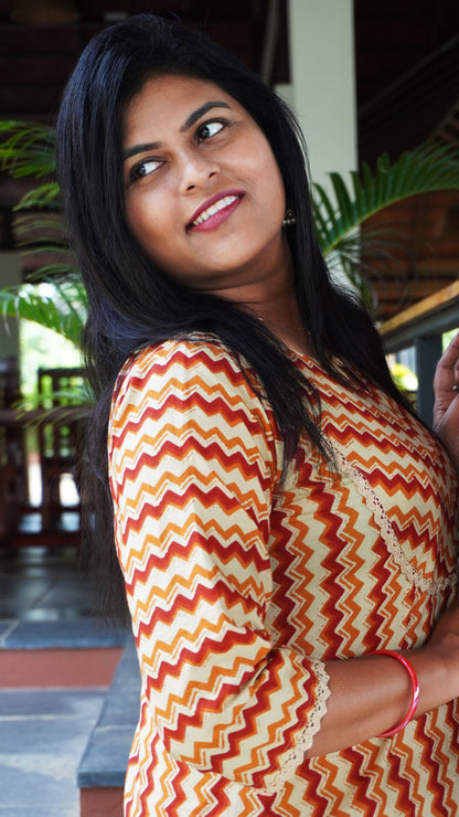 Zig Zag Patterned Orange Kurti