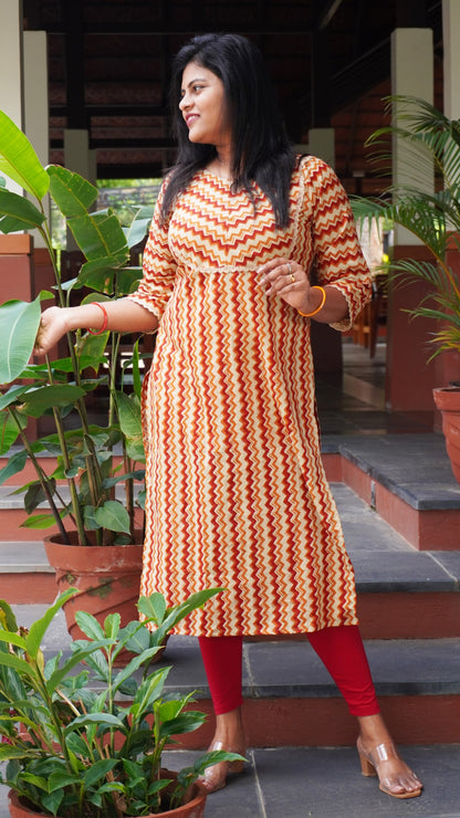 Zig Zag Patterned Orange Kurti