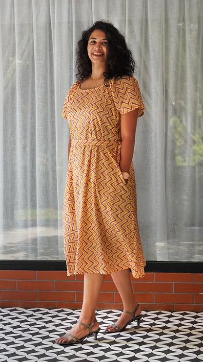 Yellow and Pink Zig Zag Printed Cotton Midi Dress