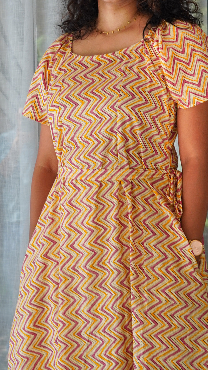 Yellow and Pink Zig Zag Printed Cotton Midi Dress