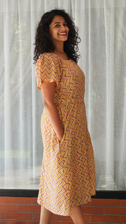 Yellow and Pink Zig Zag Printed Cotton Midi Dress