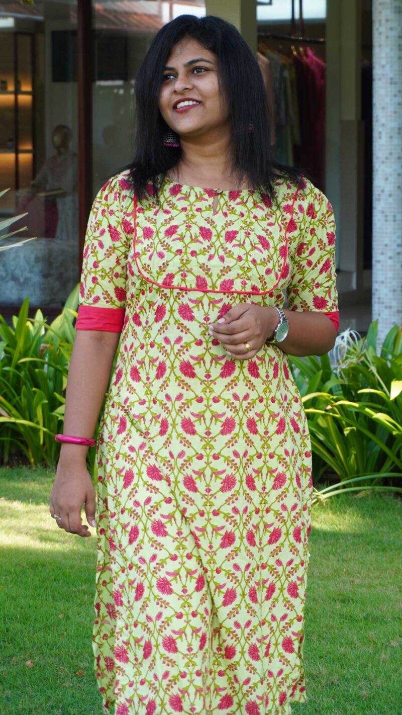 Yellow Kurti with Rose Red and Olive Green floral design