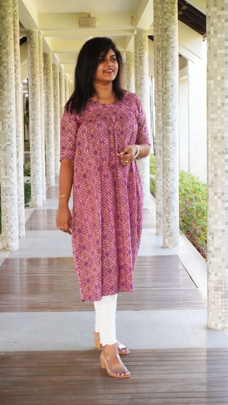 Pink Pleated Kurti with Purple and Green design - Image 2