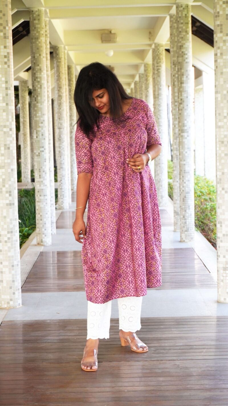 Pink Pleated Kurti with Purple and Green design - Image 4