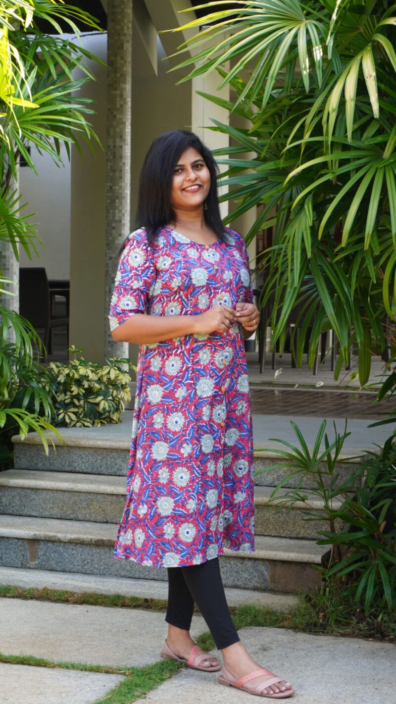 Pink Kurti with Blue and Grey Floral Print