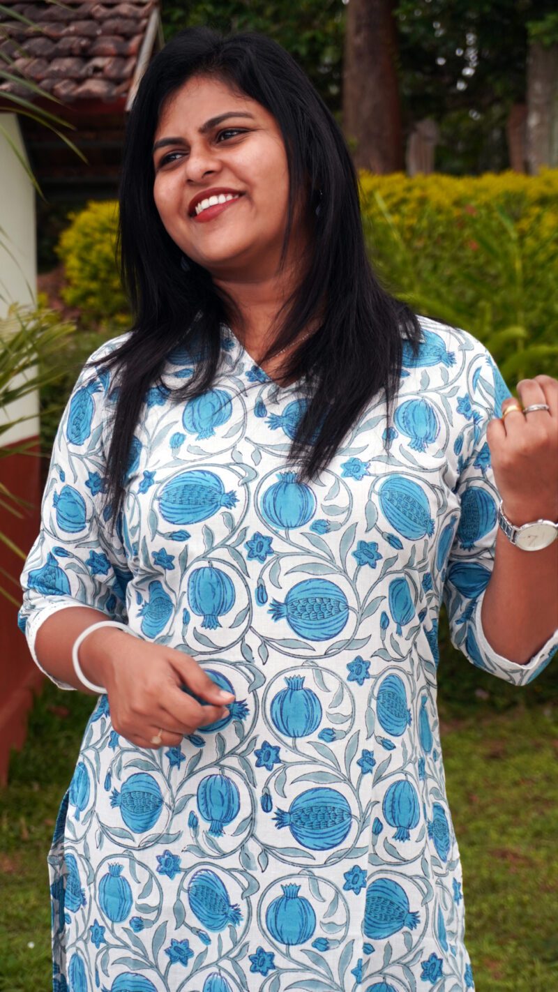 White and Blue Printed Cotton Kurti - Image 3