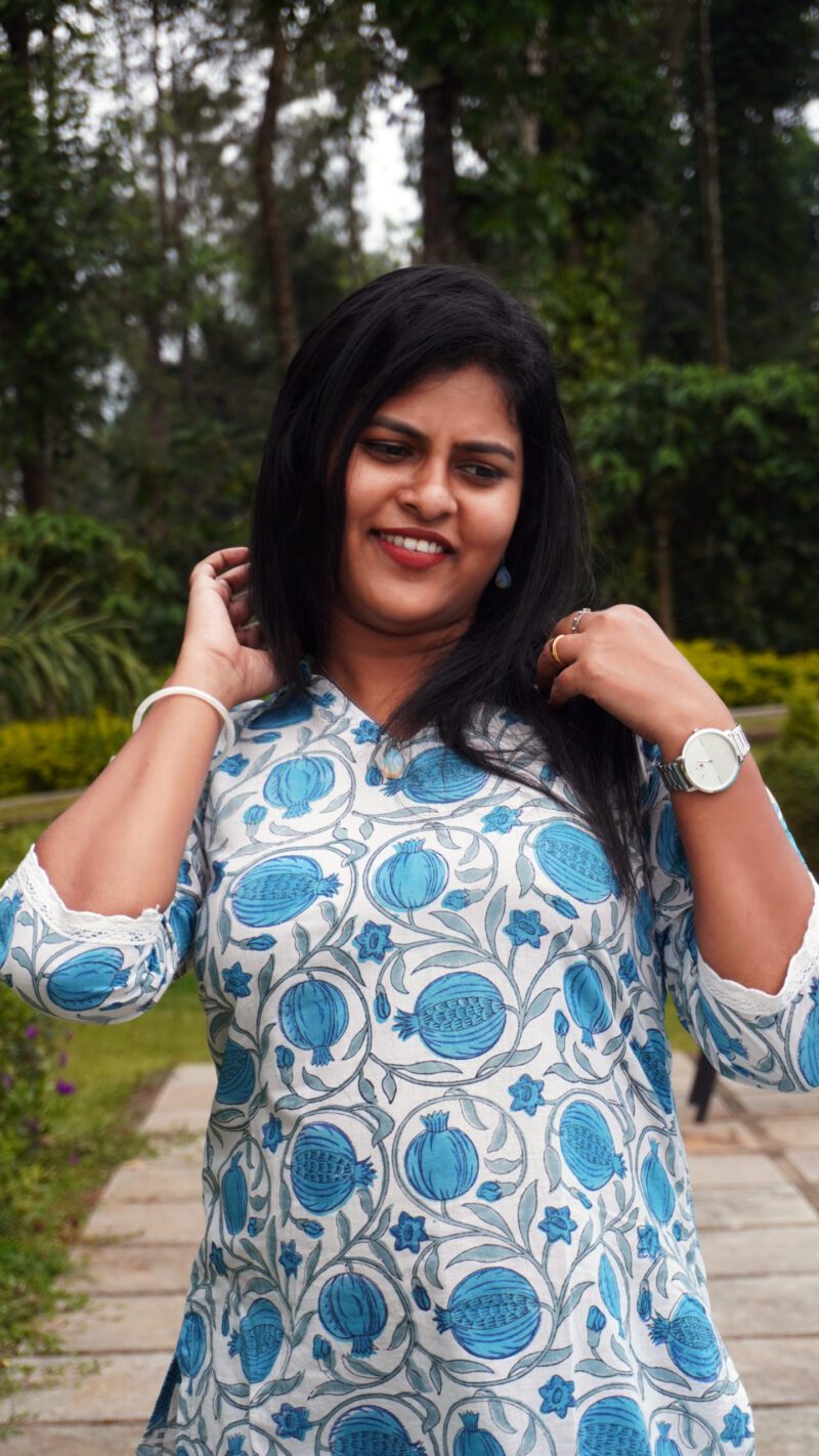 White and Blue Printed Cotton Kurti - Image 4