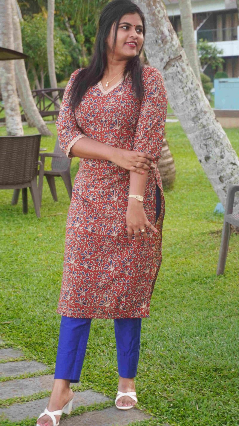 red-long-kurti-with-blue-and-beige-hand-block-print-1