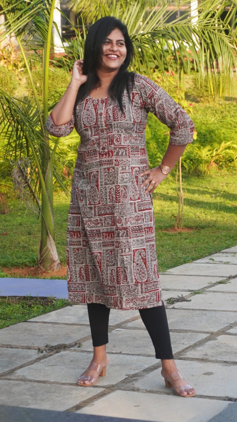 Grey and Red Printed Jaipuri Cotton Kurta