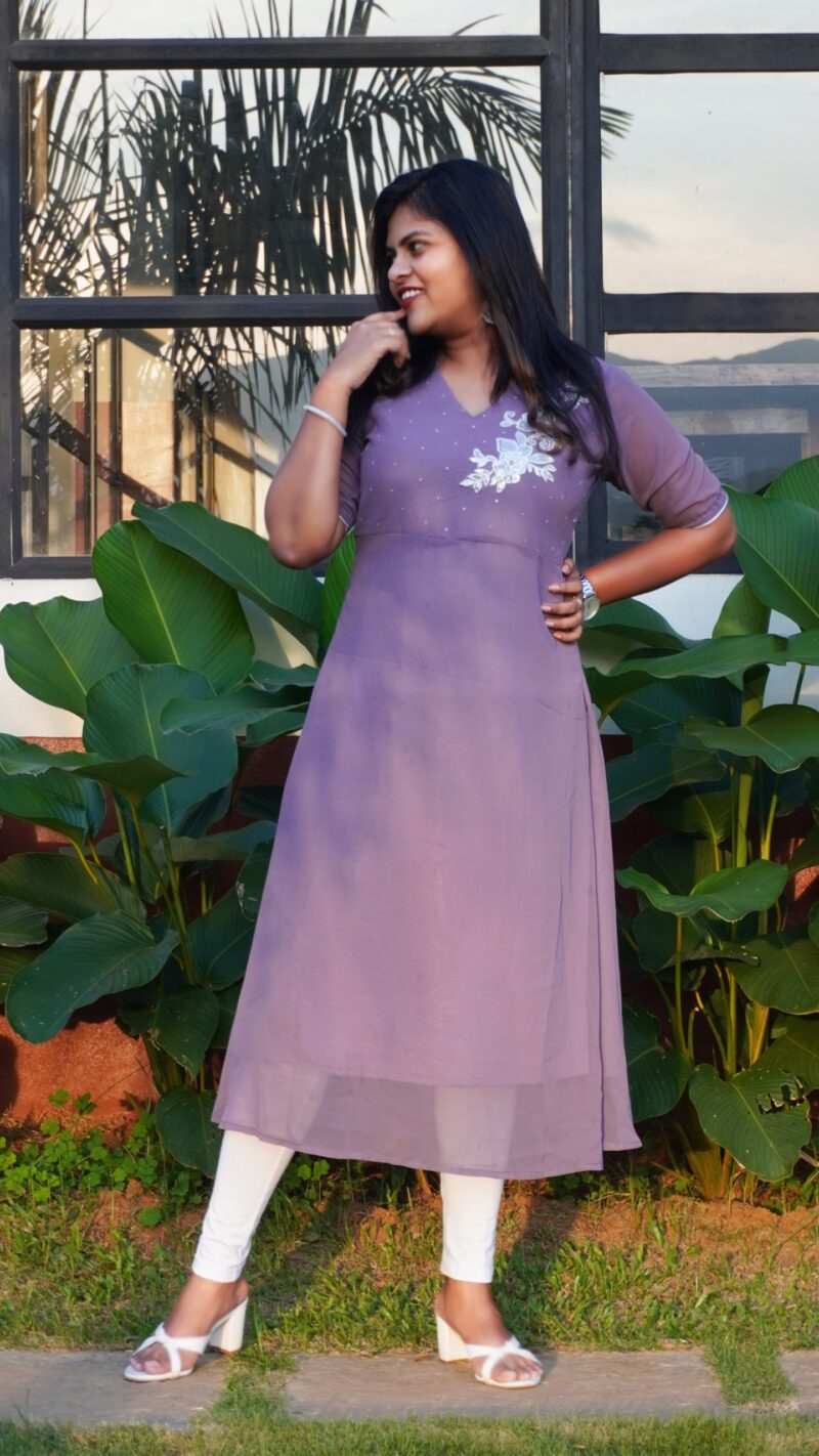 Pure georgette Lavender Pastel Kurta with hand embroidery