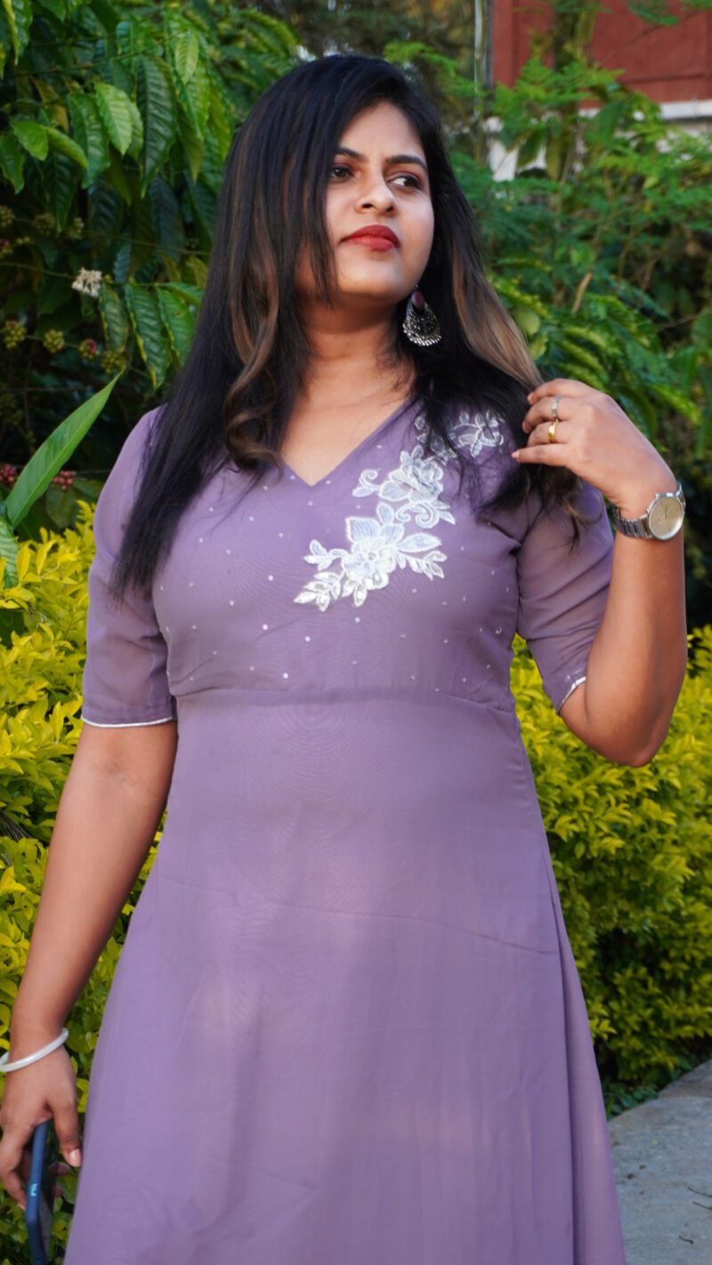 Pure georgette Lavender Pastel Kurta with hand embroidery - Image 3