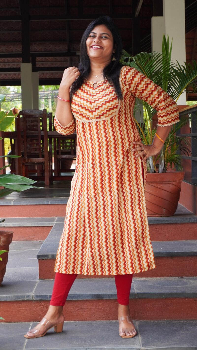 Zig Zag Patterned Orange Kurti