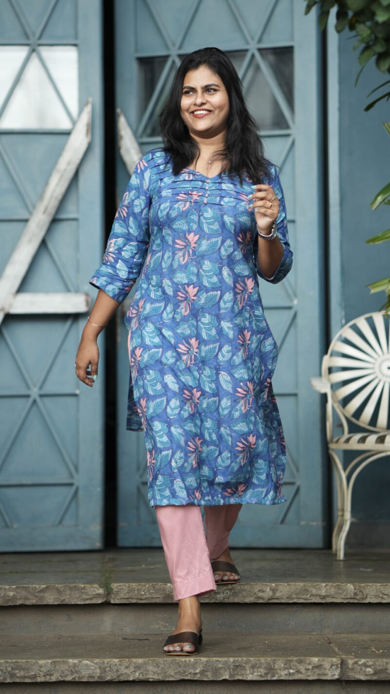 Blue and Pink Floral Cotton Kurta