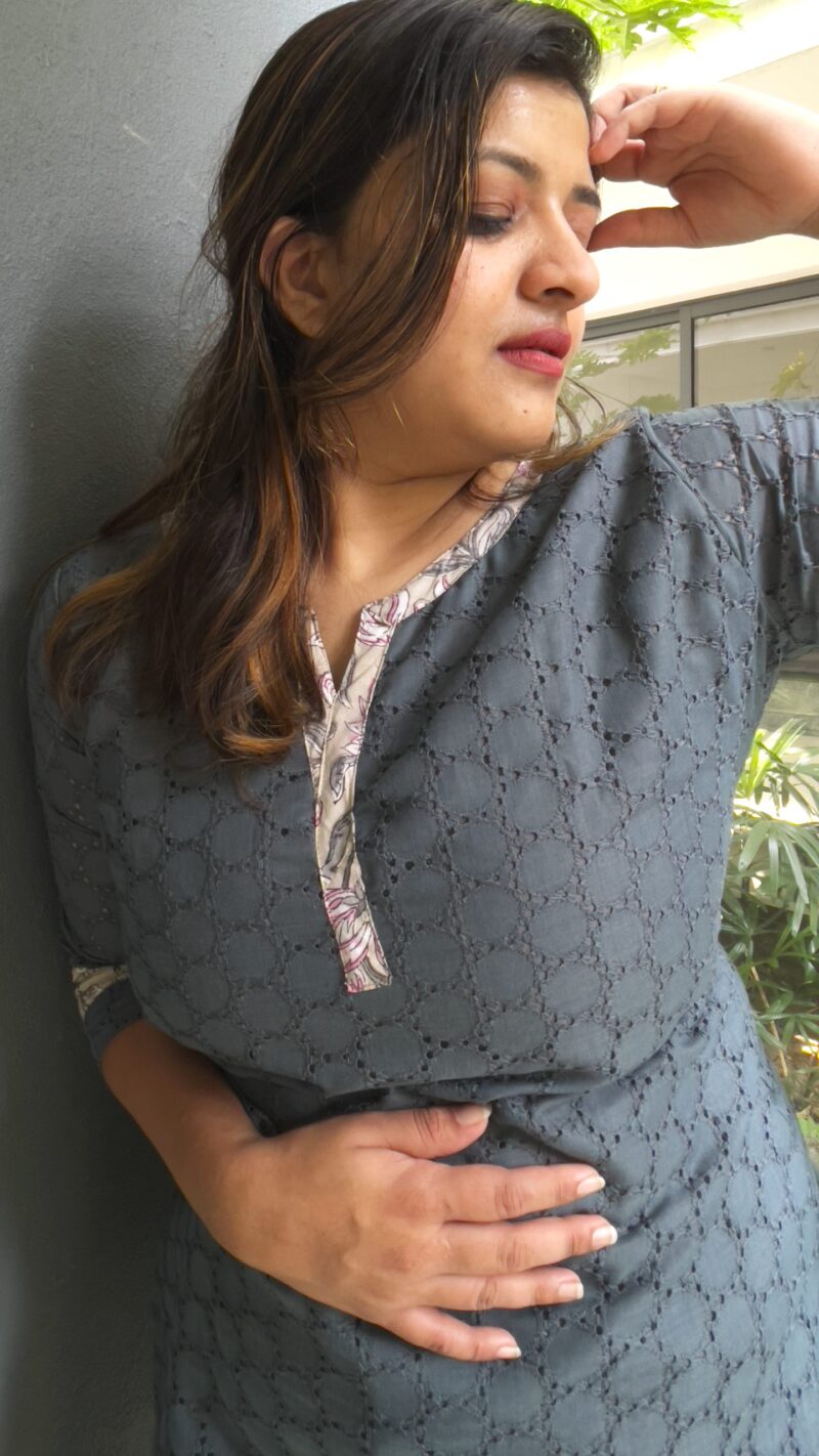 Hakoba Grey Kurta with Printed Patches on Sleeves and Neck - Image 5