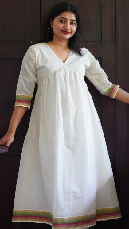 Aliya-Cut-Off-White-Kurta-with-Pink-Green-Kasavu-Border