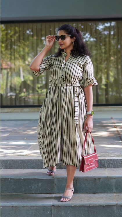 beige and black striped dress