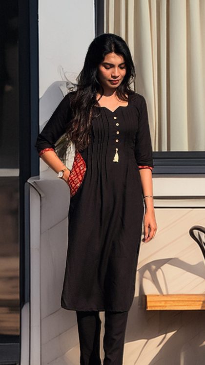 Black Kurta Set with Printed Patch and Tassel